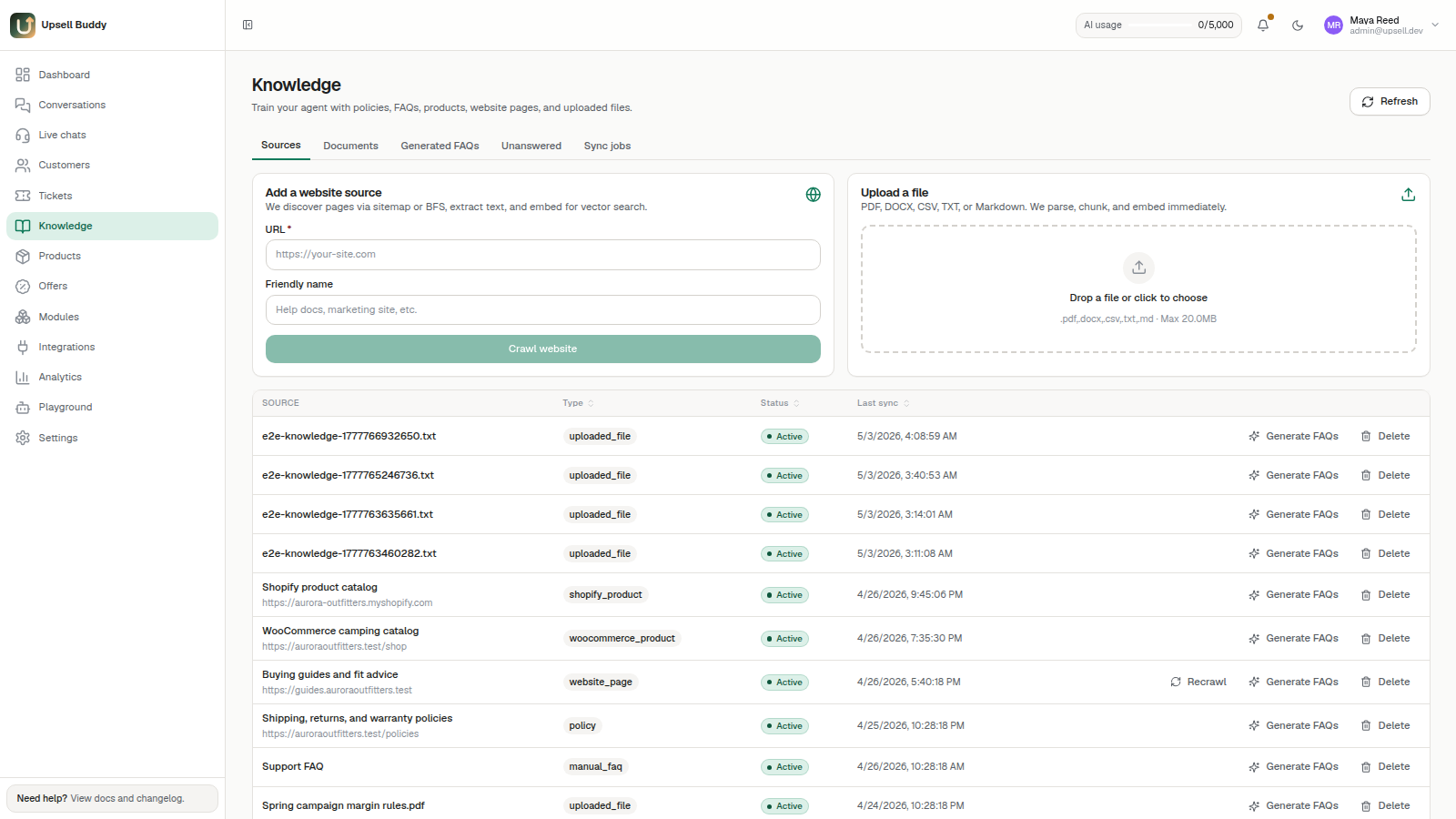 Knowledge base in Upsell Buddy showing crawled blog and course pages